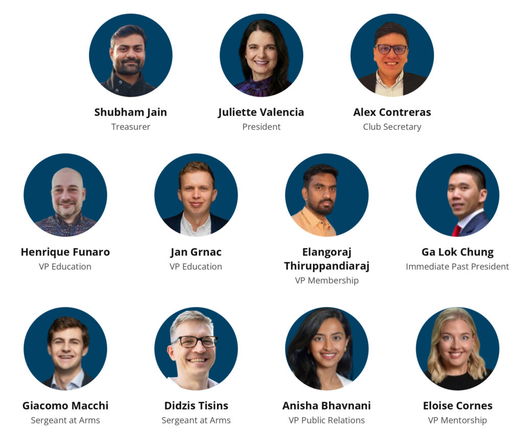 City of London Toastmasters committee 2026-2027: Shubham Jain, Treasurer; Juliette Valencia, President; Alex Contreras, Club Secretary; Henrique Funaro, VP Education; Jan Grnac, VP Education; Elangoraj Thiruppandiaraj, VP Membership; Ga Lok Chung, Immediate Past President; Giacomo Macchi, Sergeant at Arms; Didzis Tisins, Sergeant at Arms; Anisha Bhavnani, VP Public Relations; Eloise Cornes, VP Mentorship
